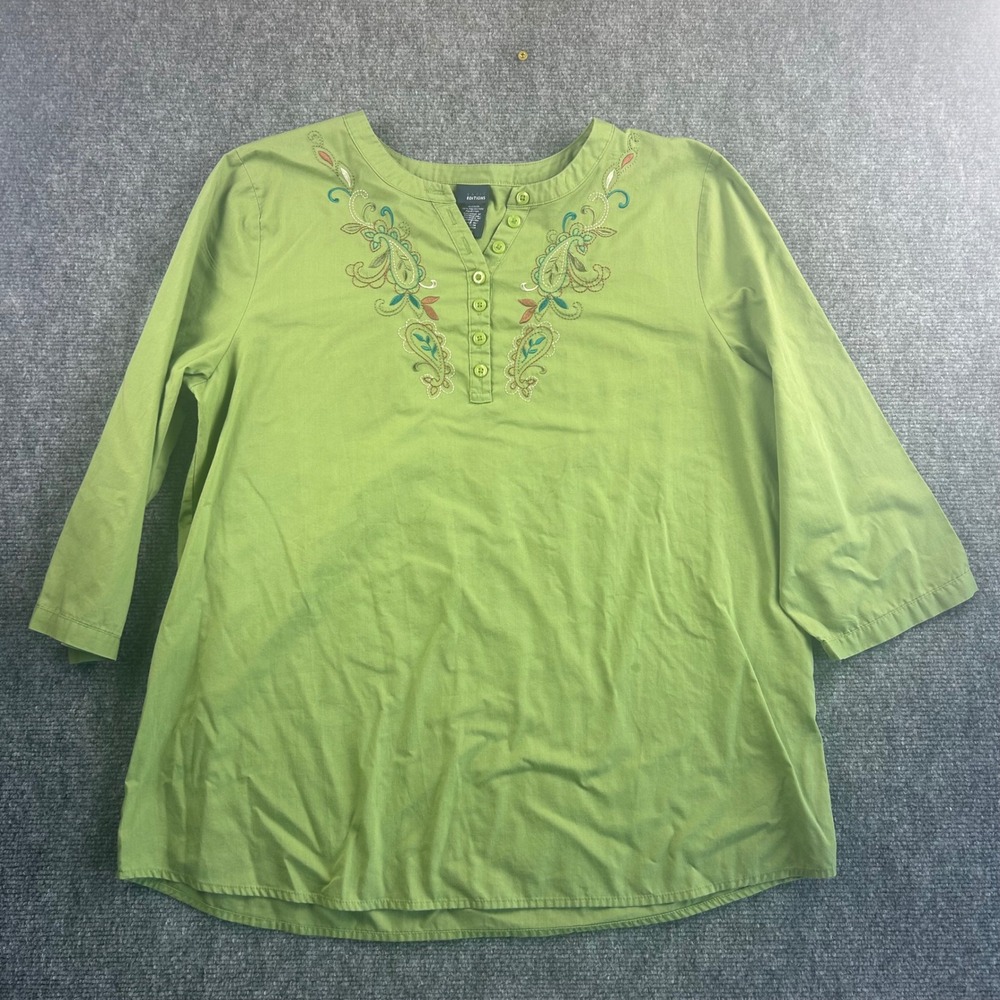 Basic Editions Womens Lime Green Paisley Embroidered Henley Blouse 3/4 Sleeve L